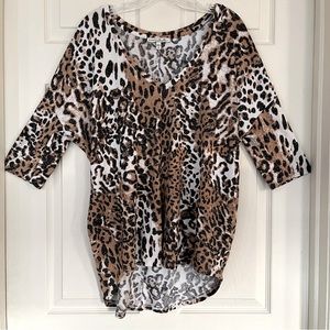 Express One Eleven Animal Leopard Print Dolman Sleeve V-neck Knit Top, Size L